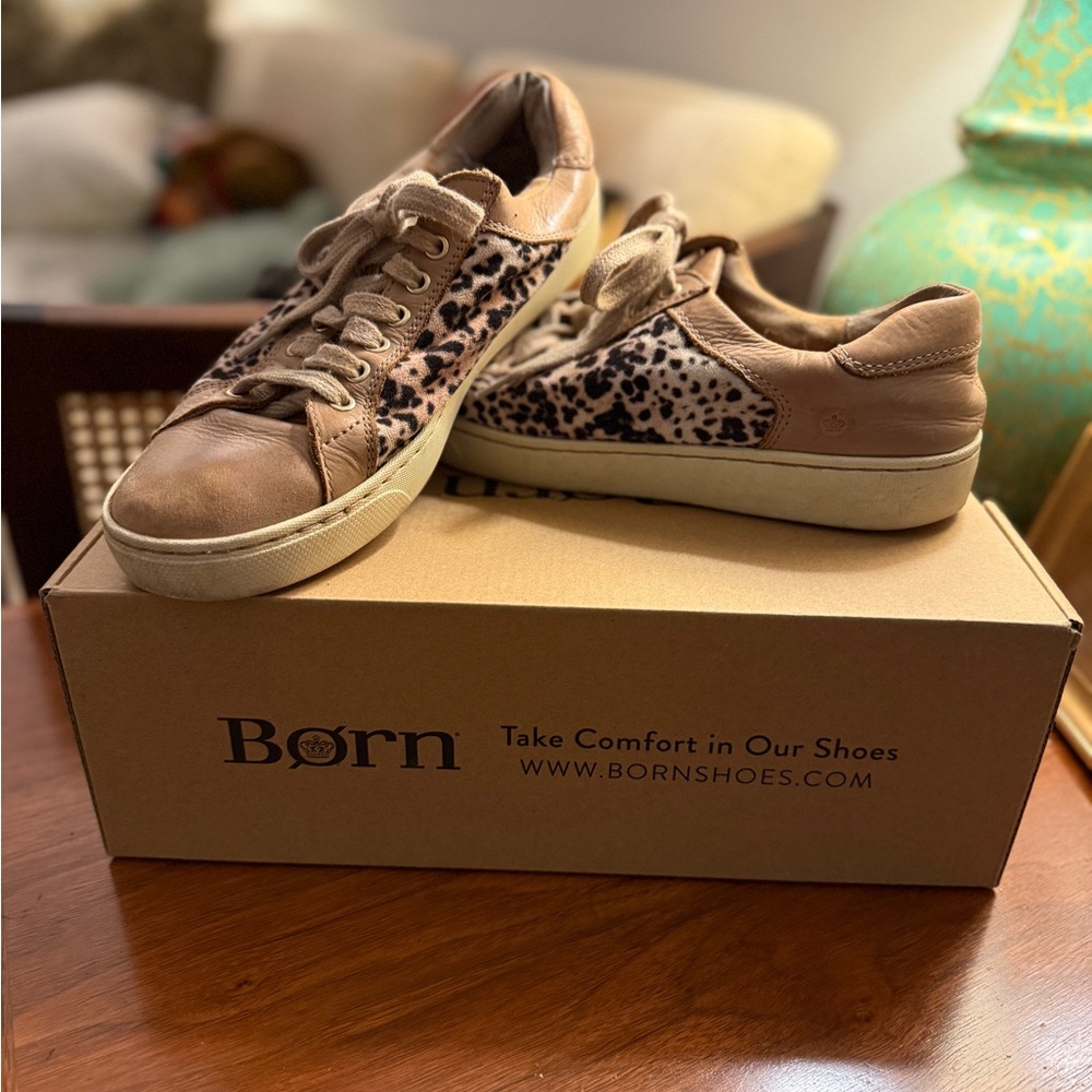 Born Women's Leather Sneakers with Leopard Accents - Tan and Black